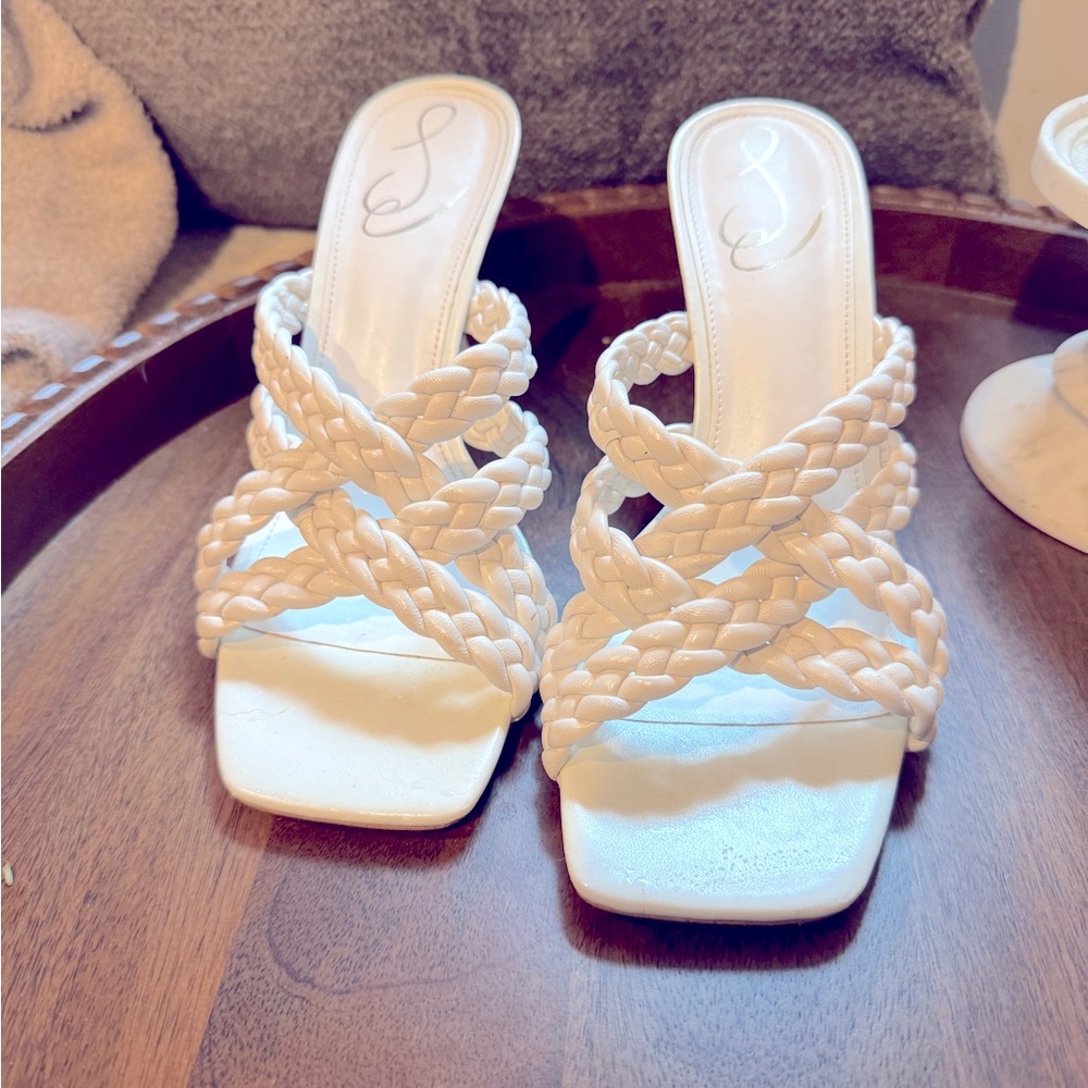 White braided strap heeled sandal